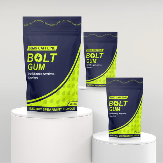 Bolt Gum packages on white stands with a gray background